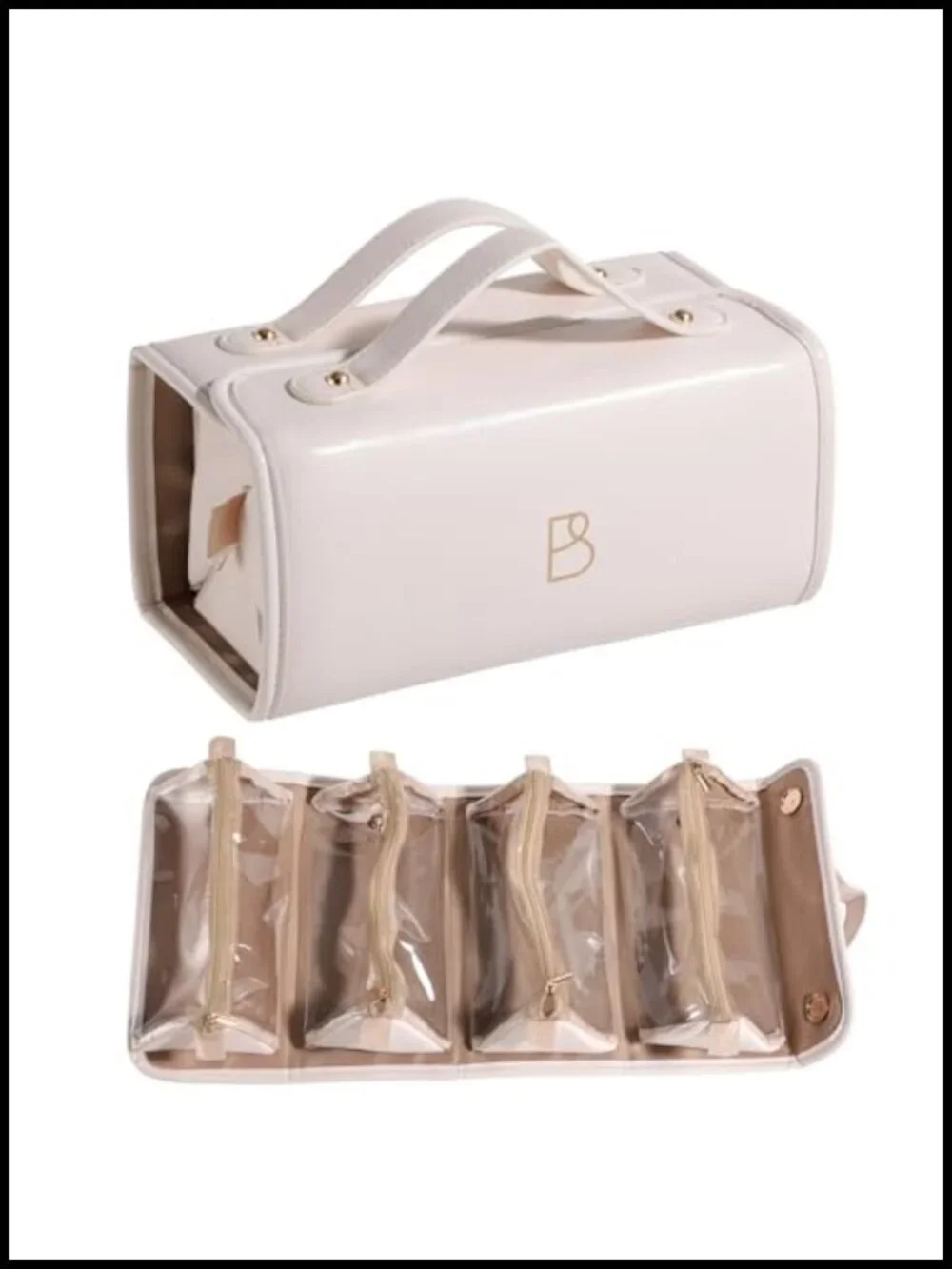 Large PU Leather Travel Makeup Bag with Handle, 180-Degree Open Cosmetic Case